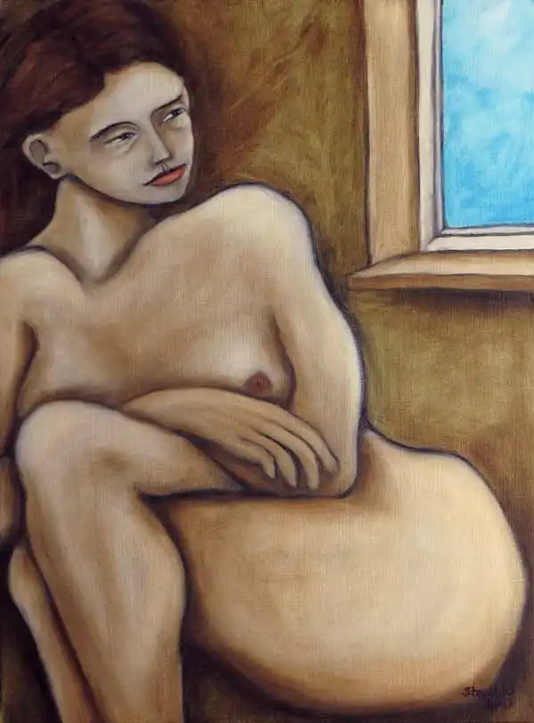 By the window. Oil painting by Stefan Stenudd, 2019.