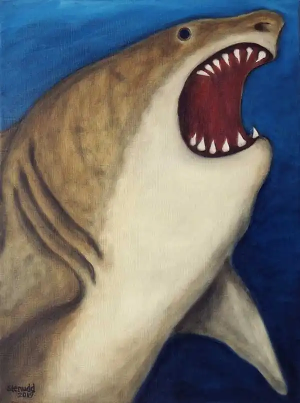 Great white. Oil painting by Stefan Stenudd, 2019.