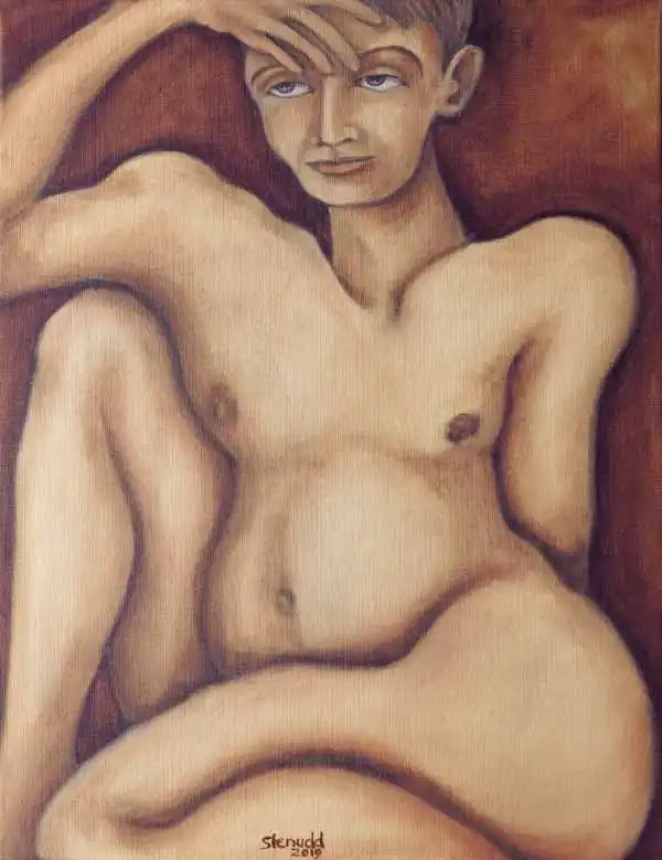 Sitting. Oil painting by Stefan Stenudd, 2019.